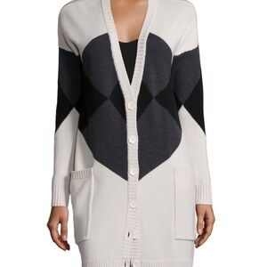 HAUTE HIPPIE Merino Wool ARGYLE CARDIGAN SWEATER Long Line Sz L